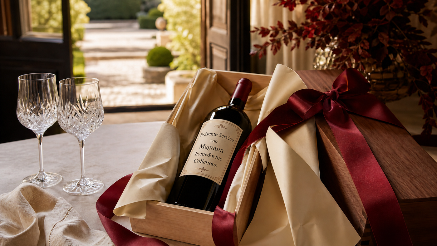 Hochwertiges Weinpräsent mit Bordeauxschleife, Holzkiste und Gläsern