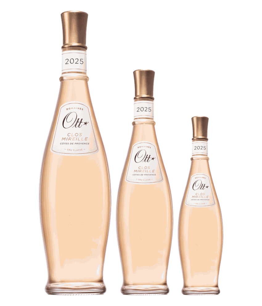 Domaines Ott Clos Mireille Rosé 2025 · Größenvergleich Jeroboam 3,0 l, Magnum 1,5 l und 0,75 l Normflasche · Magnum home & wine
