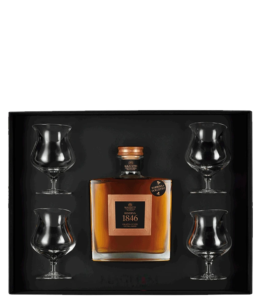 Mazzetti Riserva 1846 Grappa · 0,7 l · Geschenkbox mit 4 Grappa-Gläsern · Magnum home & wine