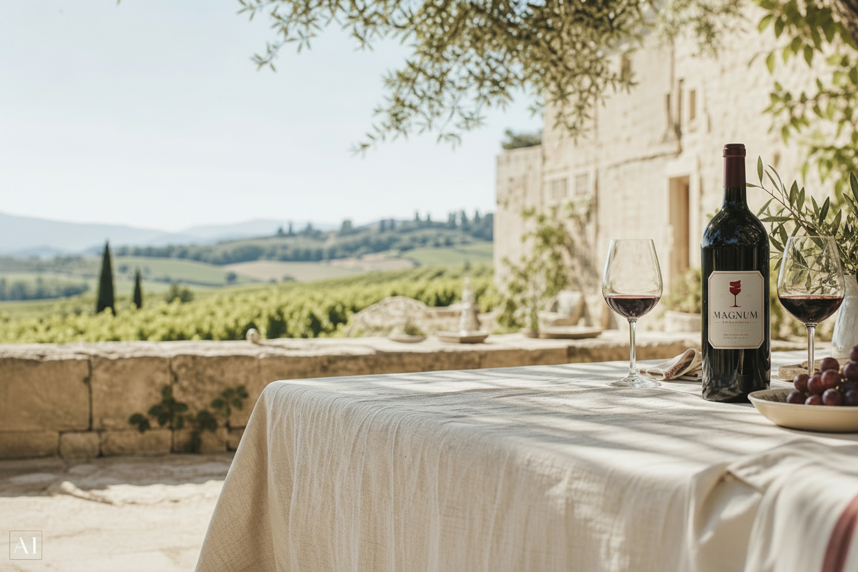 Helle Weinszene mit gedecktem Tisch und Weinbergen im Hintergrund