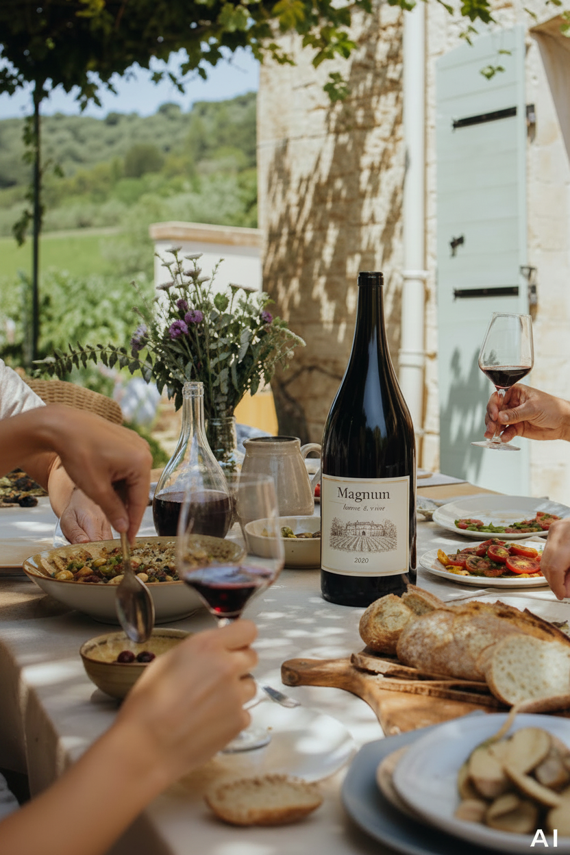 Lebendige Sommertafel mit einer Großflasche Wein