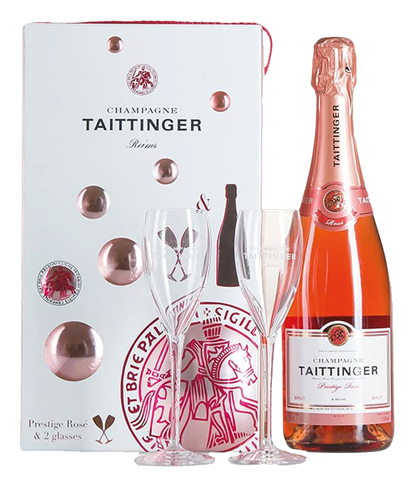 Taittinger Champagner Prestige Rosé · Geschenkbox mit zwei Champagnergläsern · Magnum home & wine