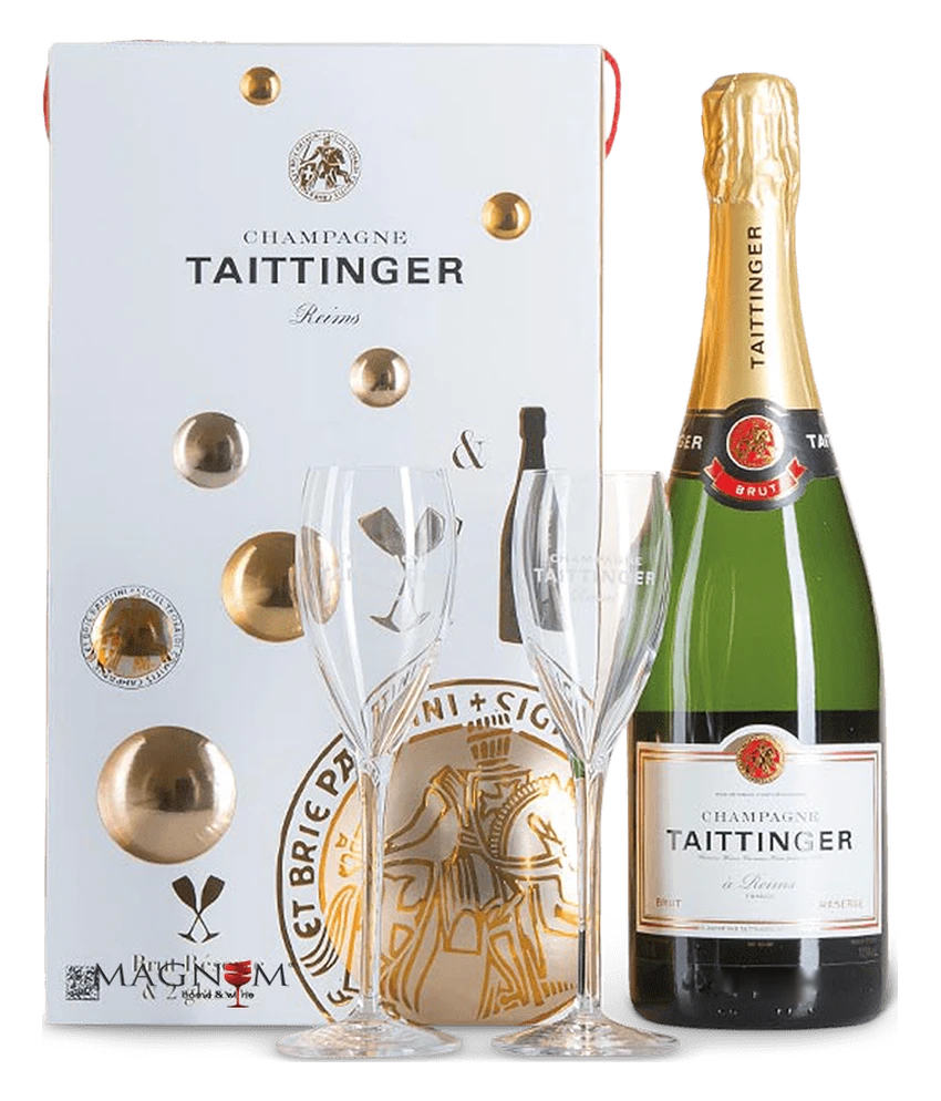 Taittinger Champagner Brut Réserve · 0,75 l Normflasche · Geschenkbox mit zwei Gläsern · Magnum home & wine