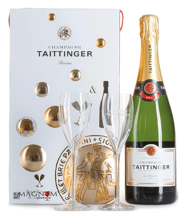 Taittinger Champagner Brut Réserve · 0,75 l Normflasche | Geschenkbox mit zwei Gläsern 0,75 L