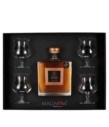 Mazzetti "Riserva 1846" Grappa Barbera e Dolcetto Invecchiata | Geschenkbox inkl. 4 Grappa-Gläser