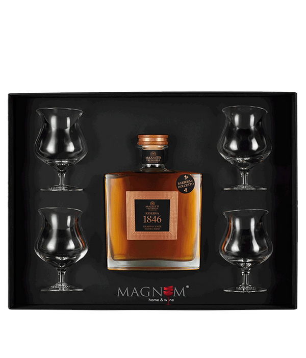 Mazzetti "Riserva 1846" Grappa Barbera e Dolcetto Invecchiata | Geschenkbox inkl. 4 Grappa-Gläser