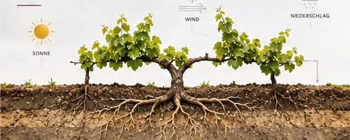 Rebe und Wurzeln unter dem Einfluss von Sonne, Wind und Niederschlag