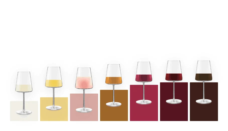 Weinfarben von hellem Gelb über Rosé und Bernstein bis Rubinrot