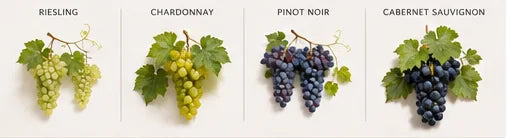 Vergleich von Riesling, Chardonnay, Pinot Noir und Cabernet Sauvignon